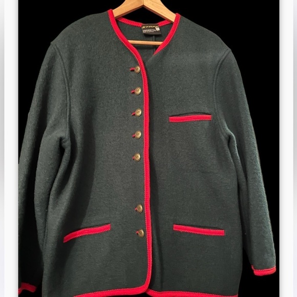 VINTAGE STAPF Sweater Boiled Wool XL Green Metal Button Apres Ski Lodge Austria - Picture 3 of 10